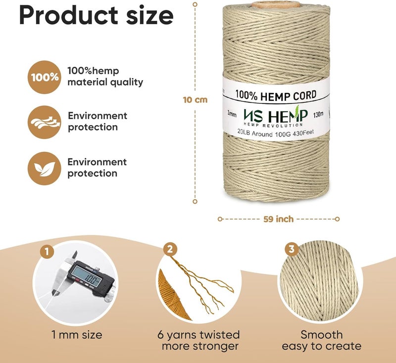 NS HEMP خيط قنب 100% لصنع المجوهرات، خيط قنب للحرف، حبل قنب 430 1 مم 130 متر (020 رمادي داكن) - Image 2