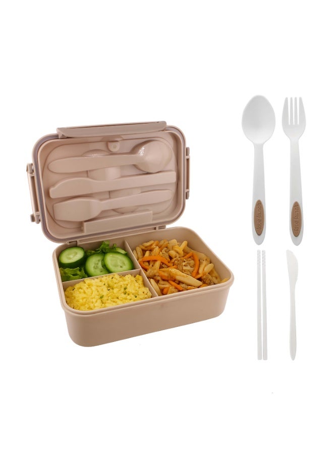 CRAVISTA Bento Lunch Box for Adults and Kids – 1200ML Leakproof 3-Compartment Lunchbox with Spoon & Fork – BPA-Free, Microwave Safe, Durable Food Container (Beige) - Image 2