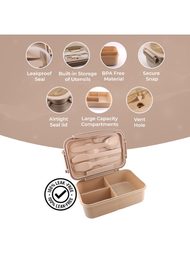 CRAVISTA Bento Lunch Box for Adults and Kids – 1200ML Leakproof 3-Compartment Lunchbox with Spoon & Fork – BPA-Free, Microwave Safe, Durable Food Container (Beige) - Image 3