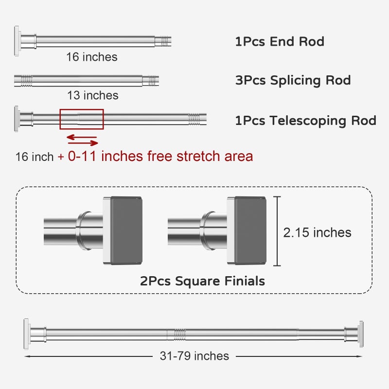 UIOSANRT Stainless Silver Shower Curtain Rod 31-79 Inches Non-Slip Shower Rod Tension Mounted No Drill Shower Curtain Rods Spring Tension Rod Adjustable Tension Curtain Rod for Windows Bathroom - Image 5