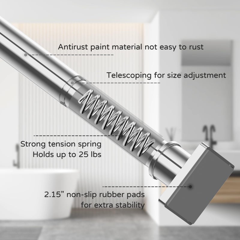 UIOSANRT Stainless Silver Shower Curtain Rod 31-79 Inches Non-Slip Shower Rod Tension Mounted No Drill Shower Curtain Rods Spring Tension Rod Adjustable Tension Curtain Rod for Windows Bathroom - Image 3