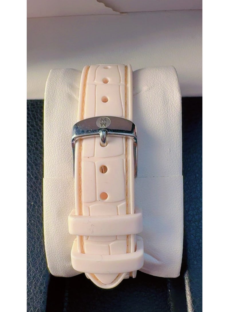 ساعة MICHELE Deco Sport النسائية كوارتز - إطار ذهبي ثنائي اللون، مينا فضي بنمط أشعة الشمس مع التاريخ، سوار سيليكون أبيض (MWW06K000014) - مستعملة (بحالة جديدة) - Image 5