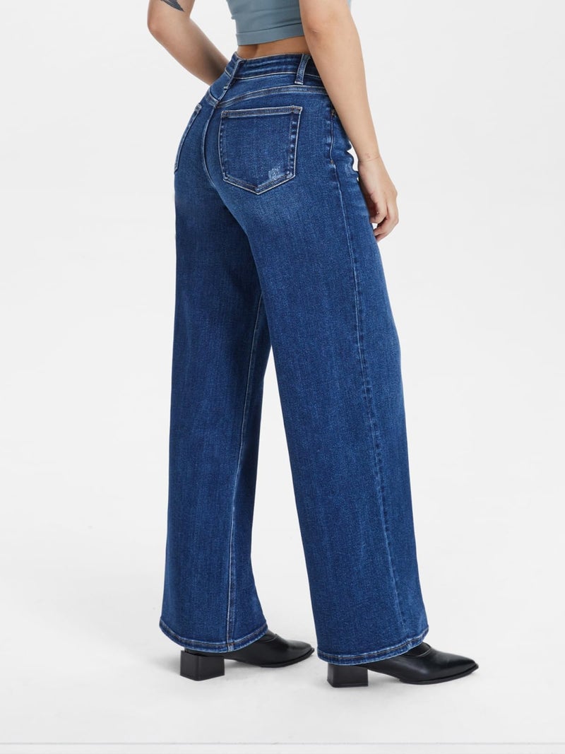 ONESO Mid-Low Rise Baggy Jeans Wide Leg for Women Distressed Pants Stretchy Bottom Lady Basic Comfortable Denim - Image 4