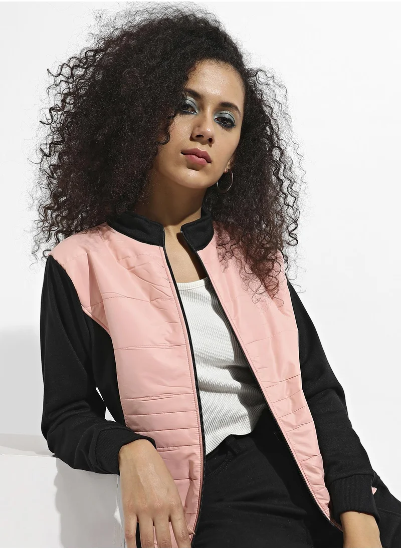 Campus Sutra Women's Peach & Black Zip-Front Jacket With Quilted Details