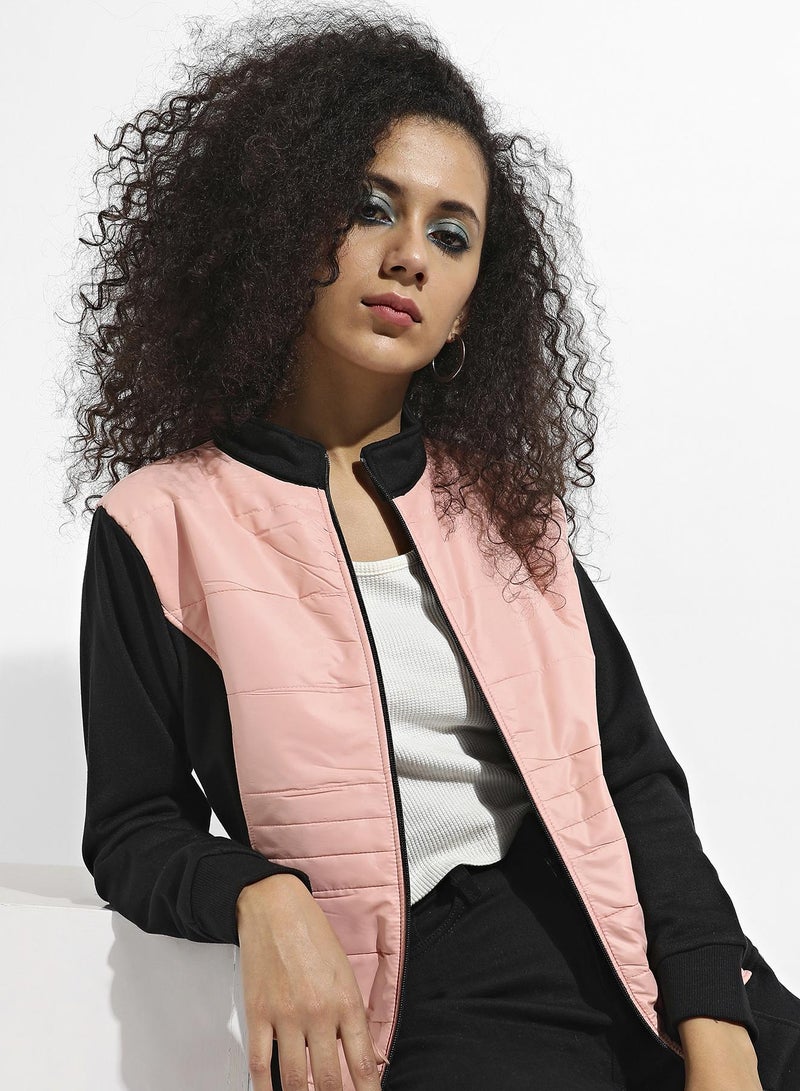 كامبوس سوترا سترة نسائية باللونين الخوخي والأسود بسحاب أمامي مع تفاصيل مبطنة  - Image 1