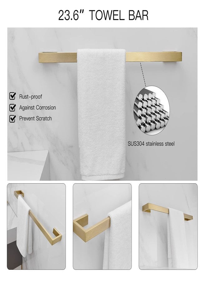 BWE 4 Pieces Brushed Gold Bathroom Hardeware Set SUS304 Stainless Steel Include 23.6" Towel Bar,Hand Towel Holder,Toilet Paper Holder and Robe Hook Square Accessories Towel Rack Set Wall Mounted - Image 3