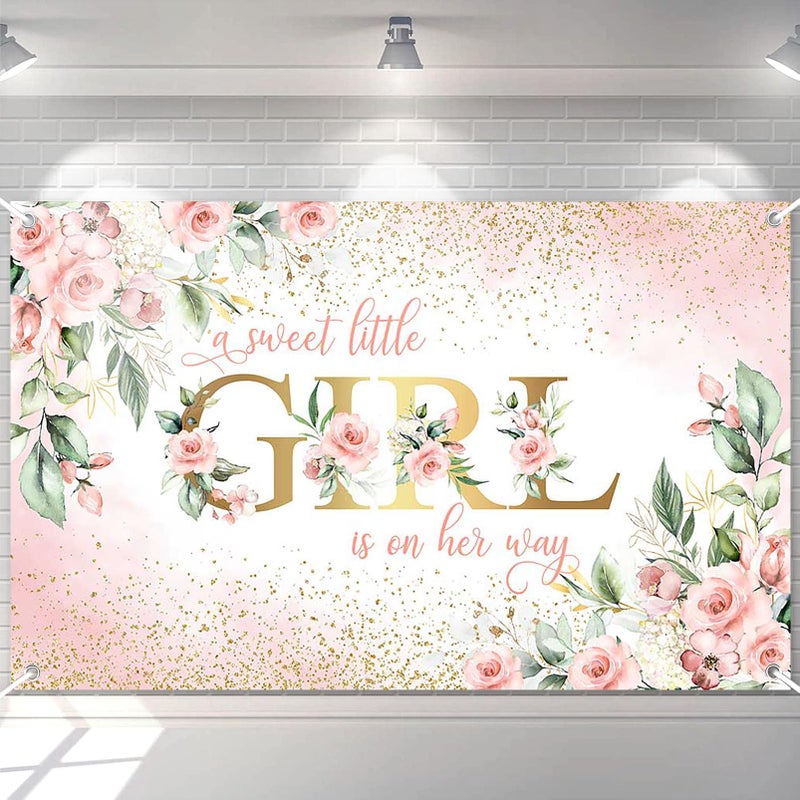 Avezano Girl Baby Shower Backdrop Pink Floral Sweet Baby Baby Shower Banner A Sweet Little Girl is on Her Way Party Decorations Banner 70.8 x 43.3 Inch - Image 1