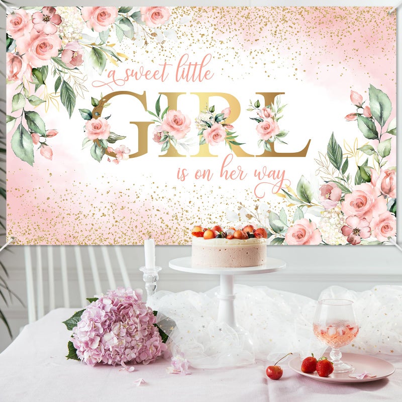 Avezano Girl Baby Shower Backdrop Pink Floral Sweet Baby Baby Shower Banner A Sweet Little Girl is on Her Way Party Decorations Banner 70.8 x 43.3 Inch - Image 2