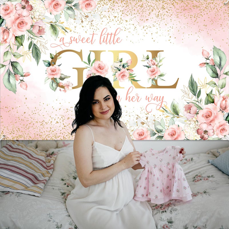 Avezano Girl Baby Shower Backdrop Pink Floral Sweet Baby Baby Shower Banner A Sweet Little Girl is on Her Way Party Decorations Banner 70.8 x 43.3 Inch - Image 4