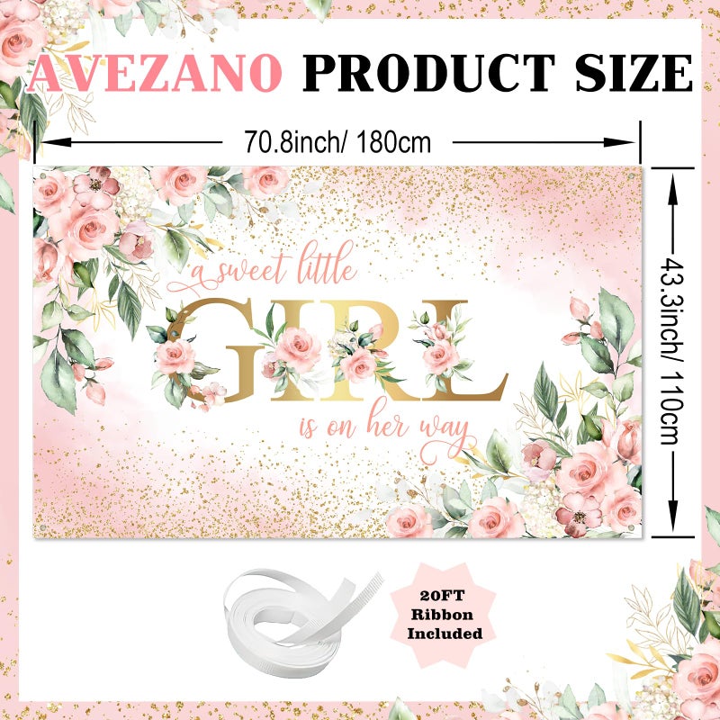 Avezano Girl Baby Shower Backdrop Pink Floral Sweet Baby Baby Shower Banner A Sweet Little Girl is on Her Way Party Decorations Banner 70.8 x 43.3 Inch - Image 3