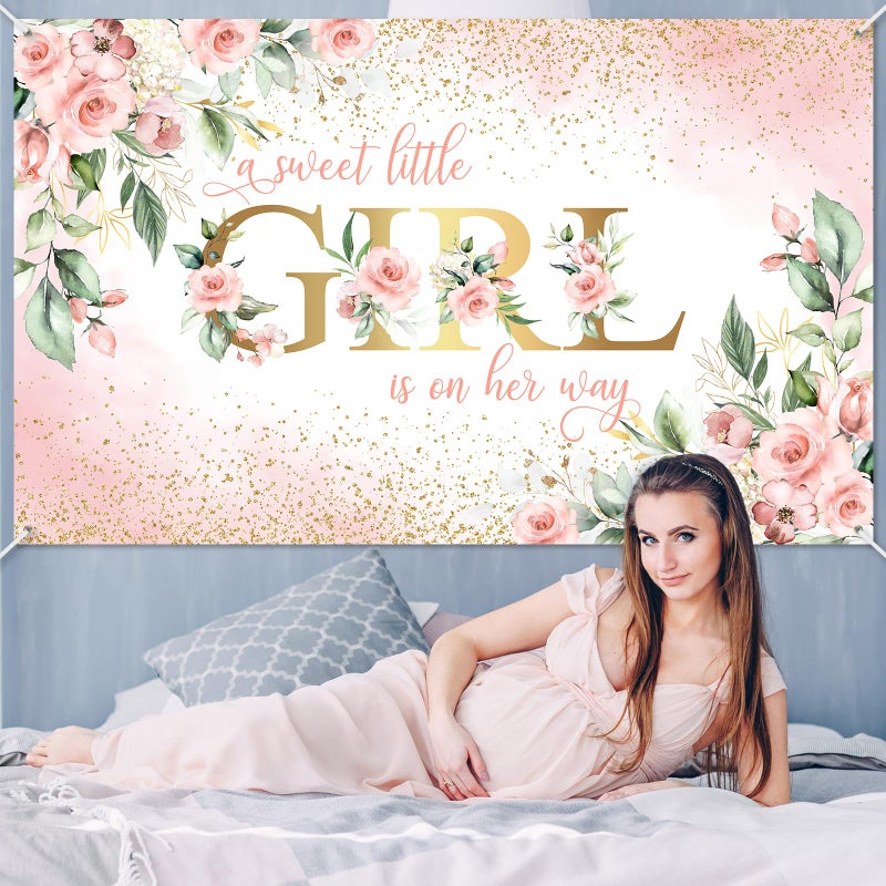 Avezano Girl Baby Shower Backdrop Pink Floral Sweet Baby Baby Shower Banner A Sweet Little Girl is on Her Way Party Decorations Banner 70.8 x 43.3 Inch - Image 5