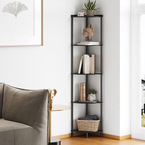 SUNMORY 5 Tier Corner Shelf Stand Industrial 65 Corner Shelves Display Shelf for Living Room Decor Wall Corner Bookshelf Multi Unit Organizer Tall Shelf Plant Stand for Bedroom Bathroom Black