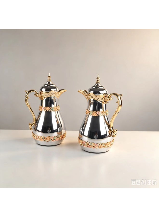 طقم 2 أباريق ماء فاخرة بتصميم عربي، 1000 مل زجاج بوروسيليكات مع لمسات ذهبية وزخارف زهرية، فضي - Image 1