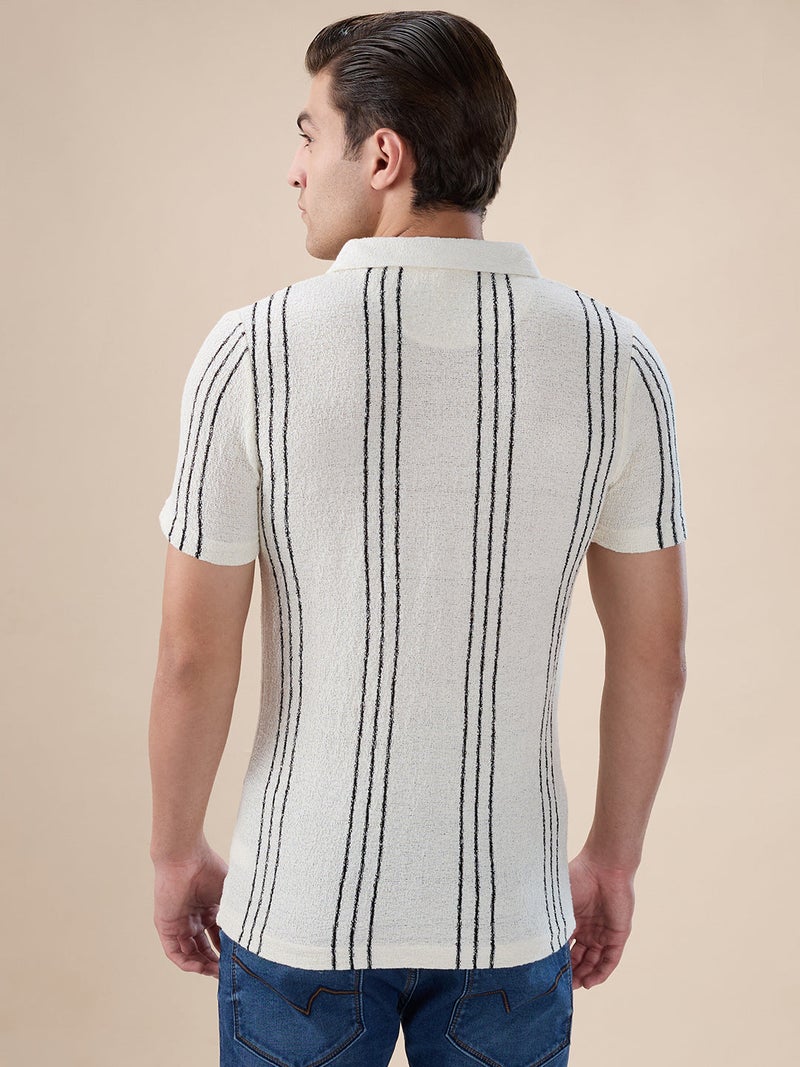 STATUS QUO Striped Regular Fit White Polo T-shirt - Image 3