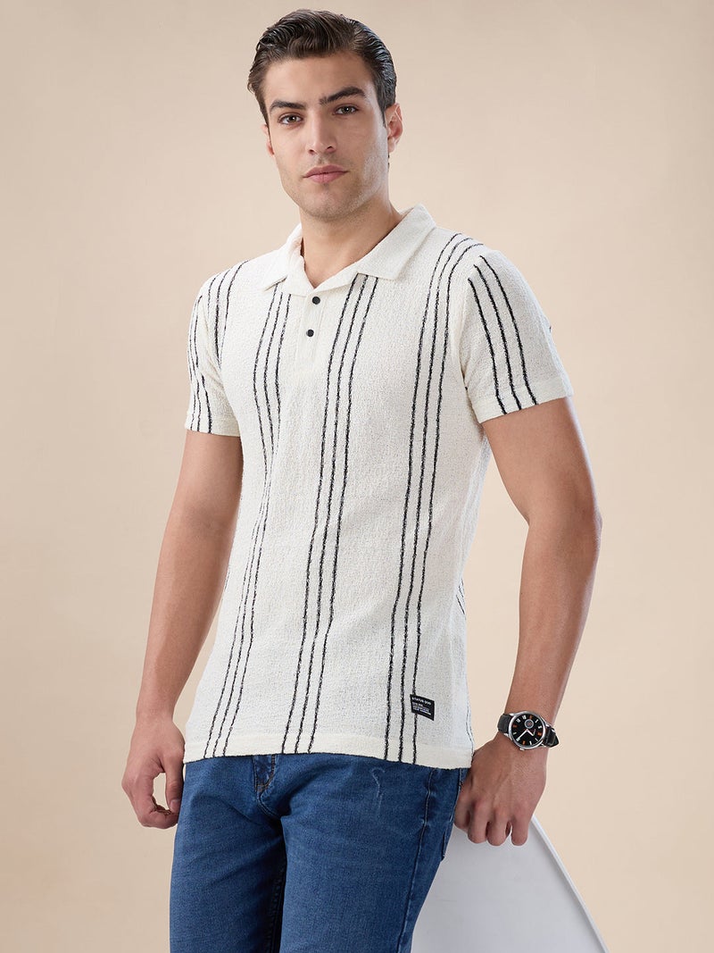 STATUS QUO Striped Regular Fit White Polo T-shirt - Image 2