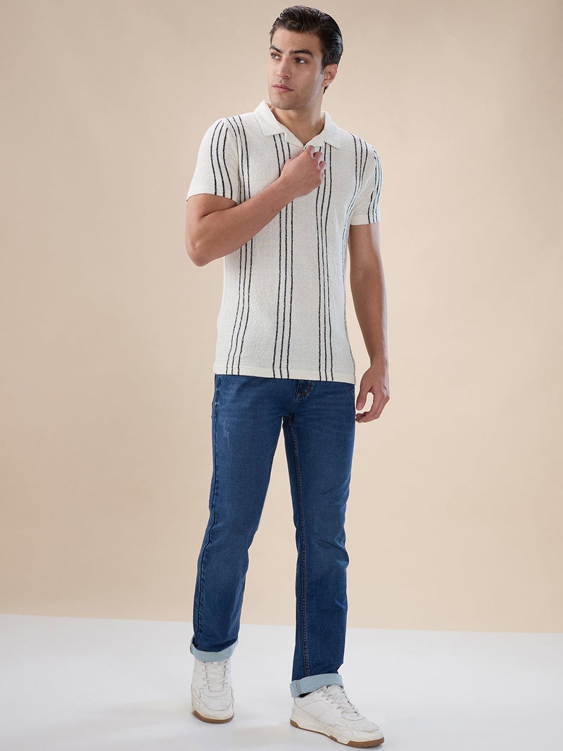 STATUS QUO Striped Regular Fit White Polo T-shirt - Image 5