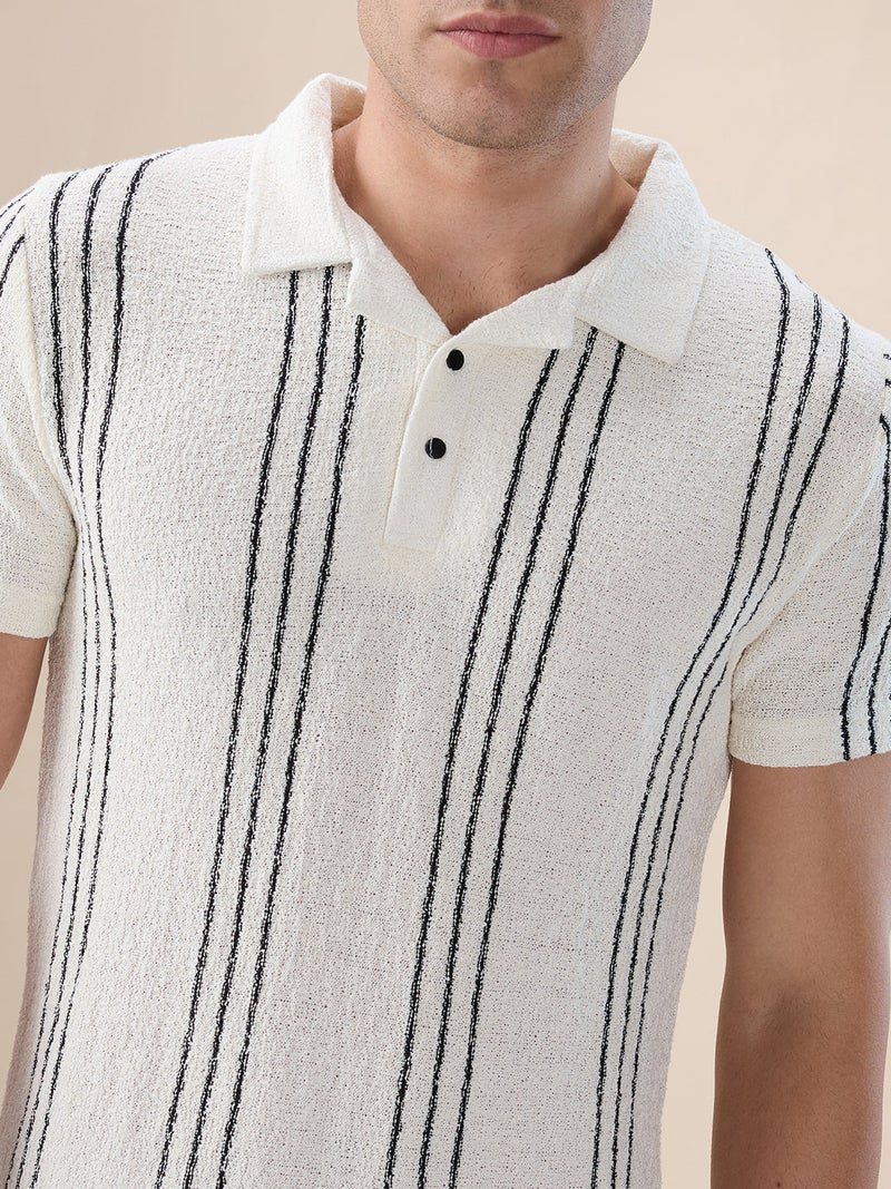 STATUS QUO Striped Regular Fit White Polo T-shirt - Image 4