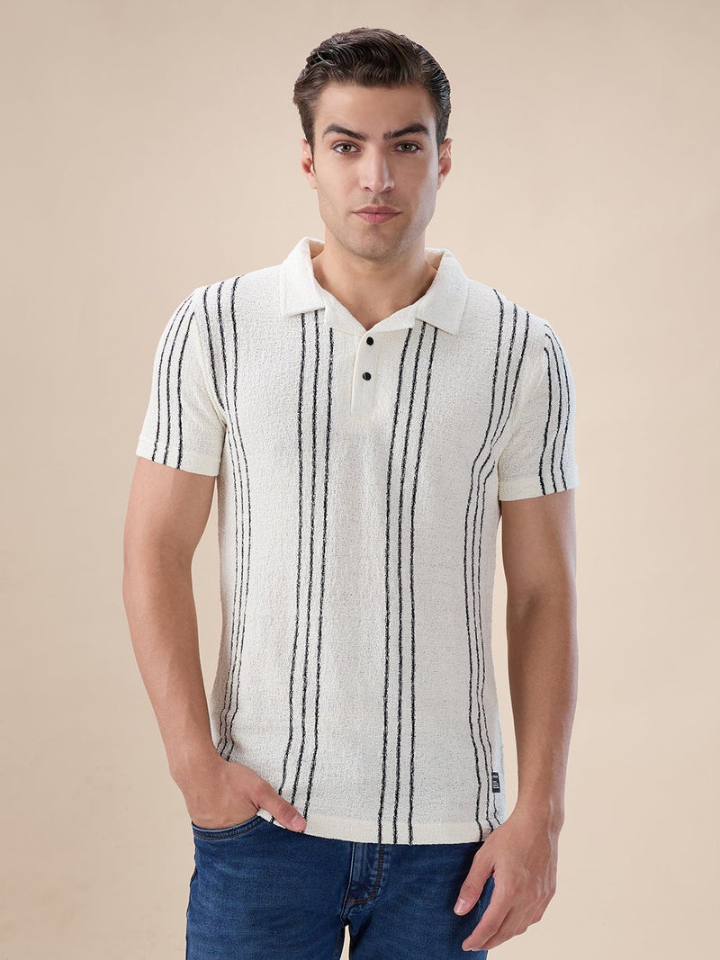 STATUS QUO Striped Regular Fit White Polo T-shirt - Image 1