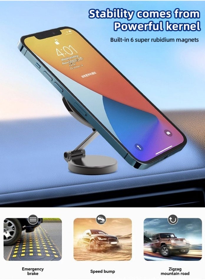 Foldable Magnetic Car Phone Holder with 1080° Rotation | Dashboard & Air Vent Mount | Universal Strong Magnet Mobile Holder for All Smartphones – Alloy Design