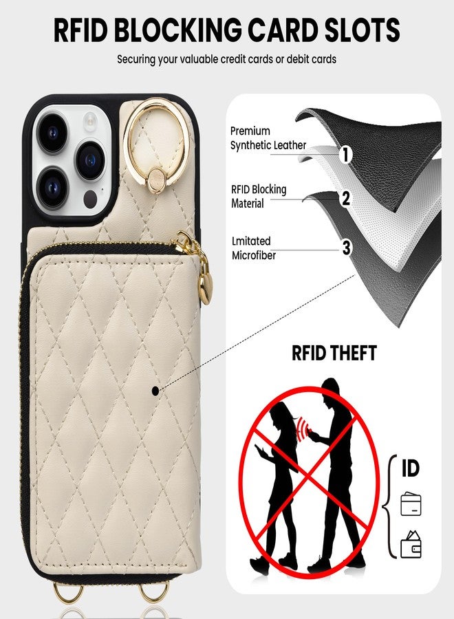 Keallce Case for Phone 16 Pro 6.1'' Wallet Case, Crossbody Zipper Purse with Wristlet for Women, RFID Blocking Card Holders, 360° Ring Kickstand Flip Leather Case for Phone 16 Pro, Beige - Image 4