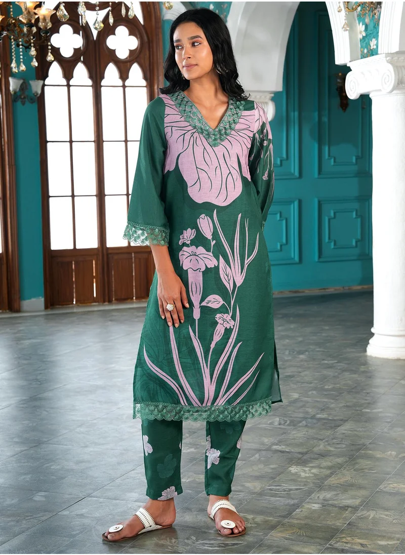 QISSA Women's Jungle Green Contrast Tulips Kurta Set