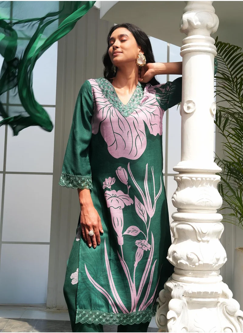 QISSA Women's Jungle Green Contrast Tulips Kurta Set