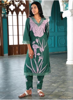  قصة Women's Jungle Green Contrast Tulips Kurta Set  - Image 2