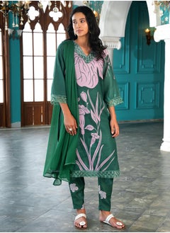  قصة Women's Jungle Green Contrast Tulips Kurta Set  - Image 5