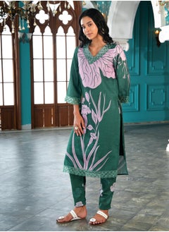  قصة Women's Jungle Green Contrast Tulips Kurta Set  - Image 3