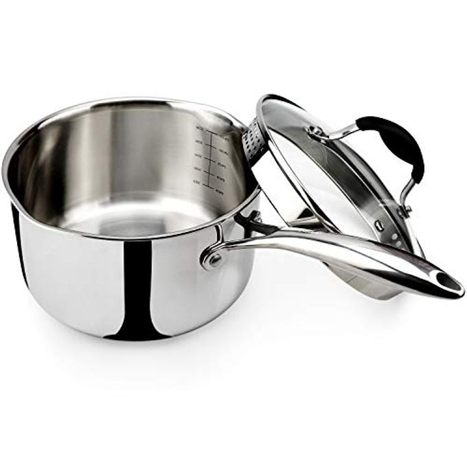 TRIPLY STAINLESS STEEL SAUCEPAN WITH GLASS STRAINER LID TWO SIDE SPOUTS MULTIPURPOSE SAUCE PAN WITH LID SAUCE POT COOKING POT TRIPLY FULL BODY 35 QUART