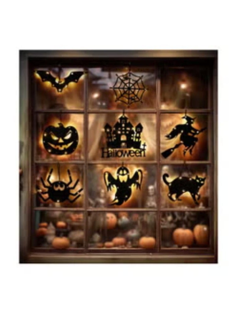 زينة الهالوين المعلقة، 3 أوضاع قابلة للتعديل لأضواء الهالوين LED، 8 قطع مختلفة الأشكال ليلاً - اليقطين شبح الخفافيش القط العنكبوت نسيج العنكبوت القلعة الساحرة تعمل بالبطارية في الهواء الطلق في الأماكن المغلقة - Image 1