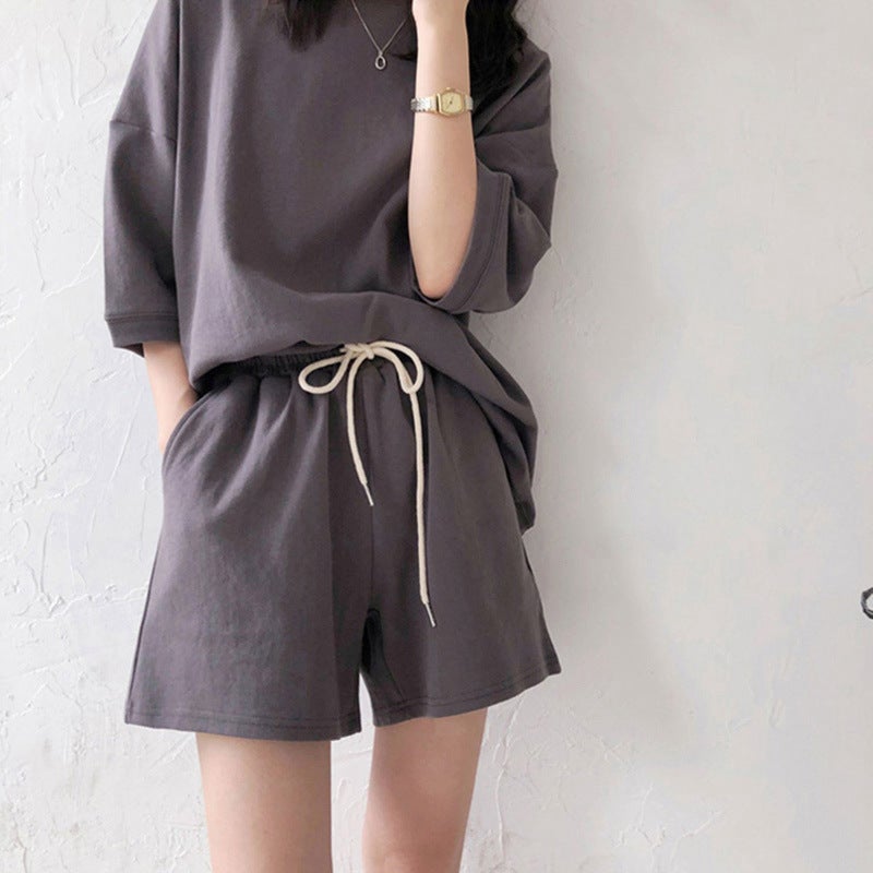 Sports suit Womens 2025 New Fashion suit Short-sleeved T-shirt Womens Casual Two-piece High Waist plus size Shorts Dark gray  - Image 1