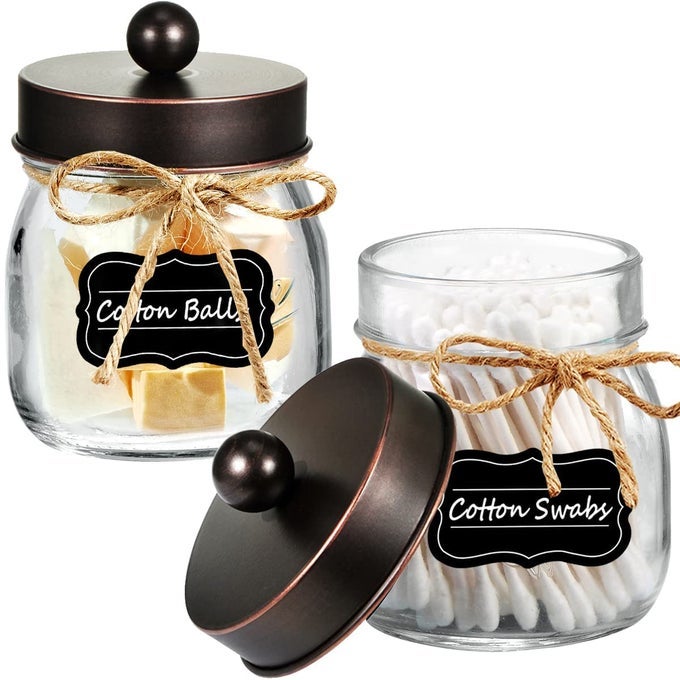 MASON JAR BATHROOM STORAGE ORGANIZER OIL RUBBED BRONZE RUSTIC FARMHOUSE DECOR BATHROOM ACCESSORIES QTIP HOLDER DISPENSER GLASS APOTHECARY JARQTIPSCOTTON SWABSBALLFLOSSERS 2 PACK