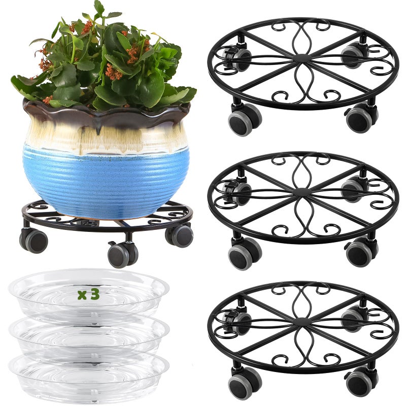 Planterhoma 3 Pack Plant Caddy with Wheels Heavy Duty 13.5 Inches Metal Plant Stand with Wheels Plant Dolly Rolling Plant Stand Plant Roller with Casters for Indoor and Outdoor, Black - Image 1