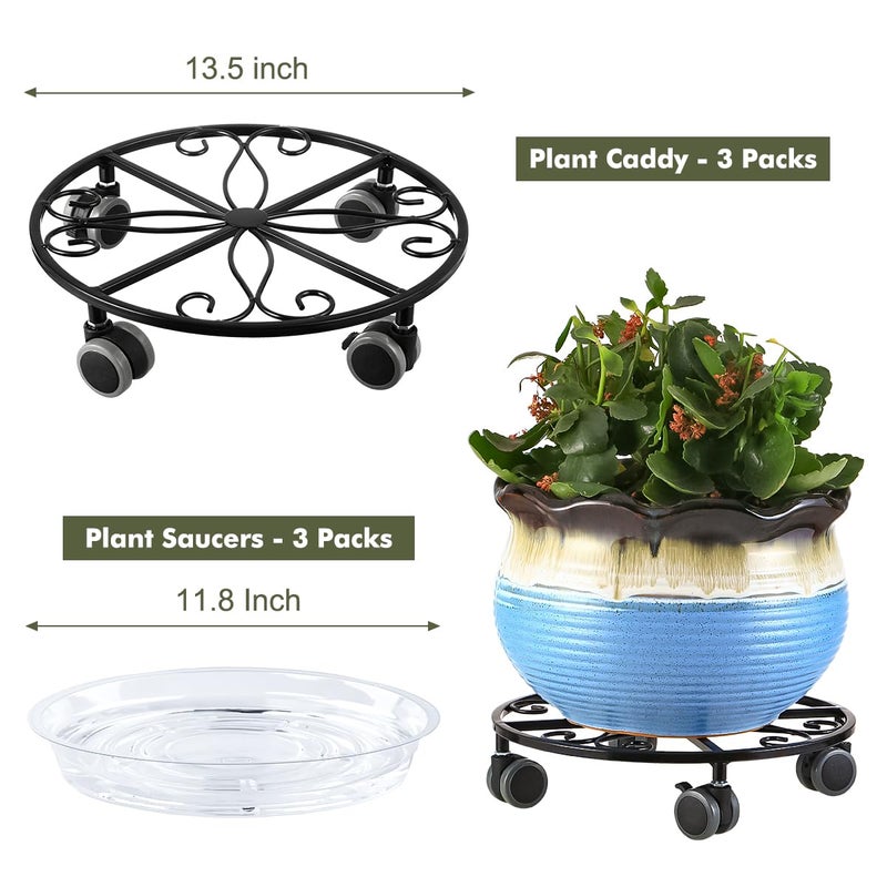Planterhoma 3 Pack Plant Caddy with Wheels Heavy Duty 13.5 Inches Metal Plant Stand with Wheels Plant Dolly Rolling Plant Stand Plant Roller with Casters for Indoor and Outdoor, Black - Image 3