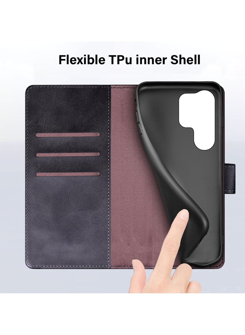 Mmmon Wallet Case for Samsung Galaxy S25 Ultra,PU Leather Case Magnetic Closure Handbag Zipper Pocket Case Kickstand Card Slots with Hand Strap Marple Flip Case for Samsung Galaxy S25 Ultra,Black  - Image 2