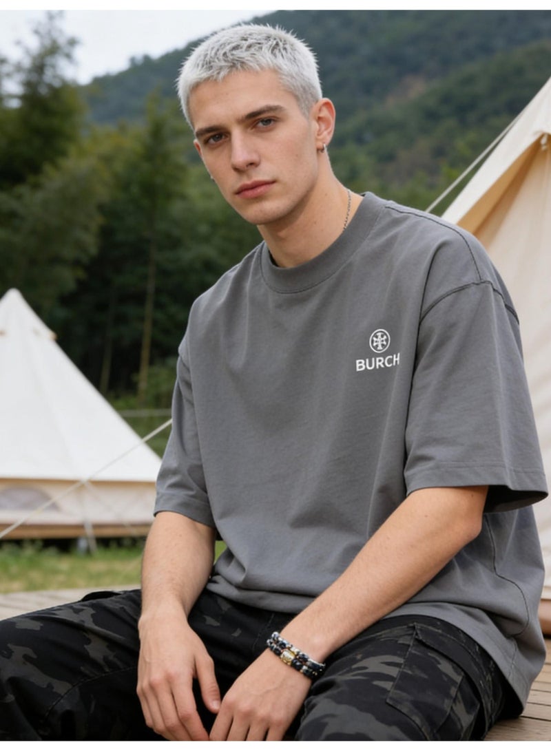 Burch Oversized T-shirt with LOGO, 300G heavy 100% cotton double yarn T-shirt, unisex leisure gym shirt, counter quality T-shirt, and versatile loose T-shirt in daily trend. - Image 1