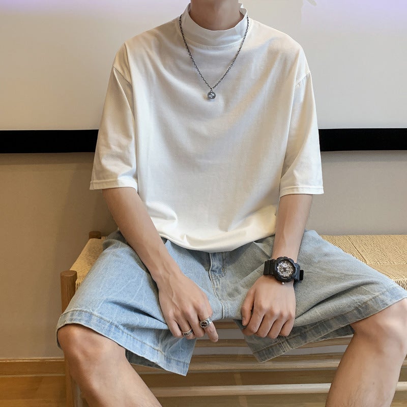 2023 Summer Half-high Neck Short-sleeved T-shirt Men's High Street All-match Casual Couple Outer Wear Round Neck Base T-shirt - Image 3
