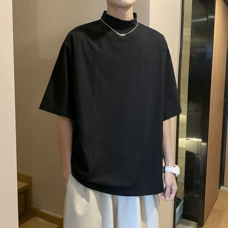2023 Summer Half-high Neck Short-sleeved T-shirt Men's High Street All-match Casual Couple Outer Wear Round Neck Base T-shirt - Image 1