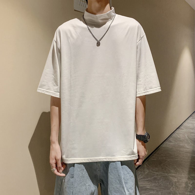 2023 Summer Half-high Neck Short-sleeved T-shirt Men's High Street All-match Casual Couple Outer Wear Round Neck Base T-shirt - Image 5