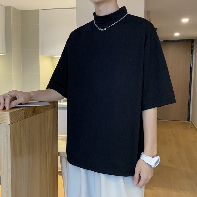2023 Summer Half-high Neck Short-sleeved T-shirt Men's High Street All-match Casual Couple Outer Wear Round Neck Base T-shirt - Image 4