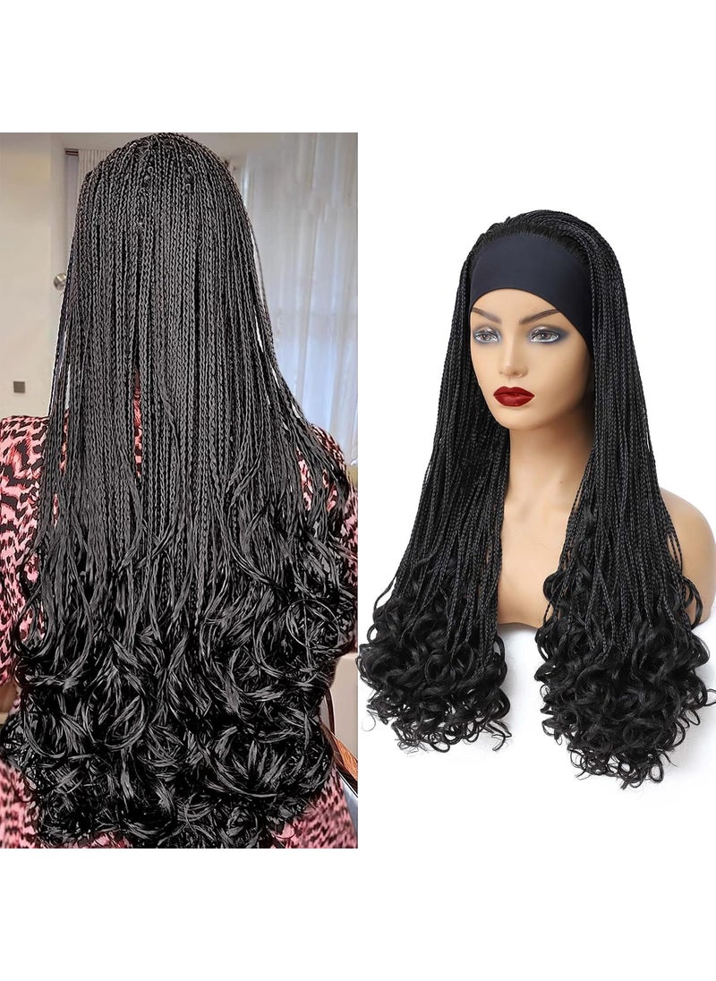 ROSEBONY - Headband Box Braided Wigs with Curly Ends Long Braided Wigs for Black Women French Curls Braids Synthetic Black Wig 1B - Image 1