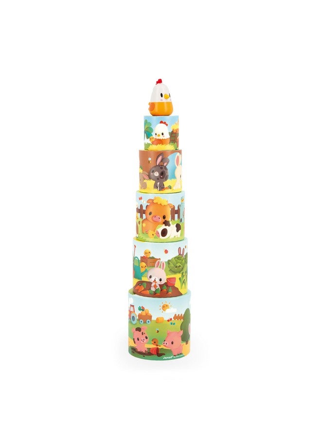Janod - My First Pyramid - Farm Animals - Early-Learning Toy - 5 Stacking Cubes + 1 Wooden Hen - Develops Dexterity and Imagination - 12 Months +, J03310 - Image 1