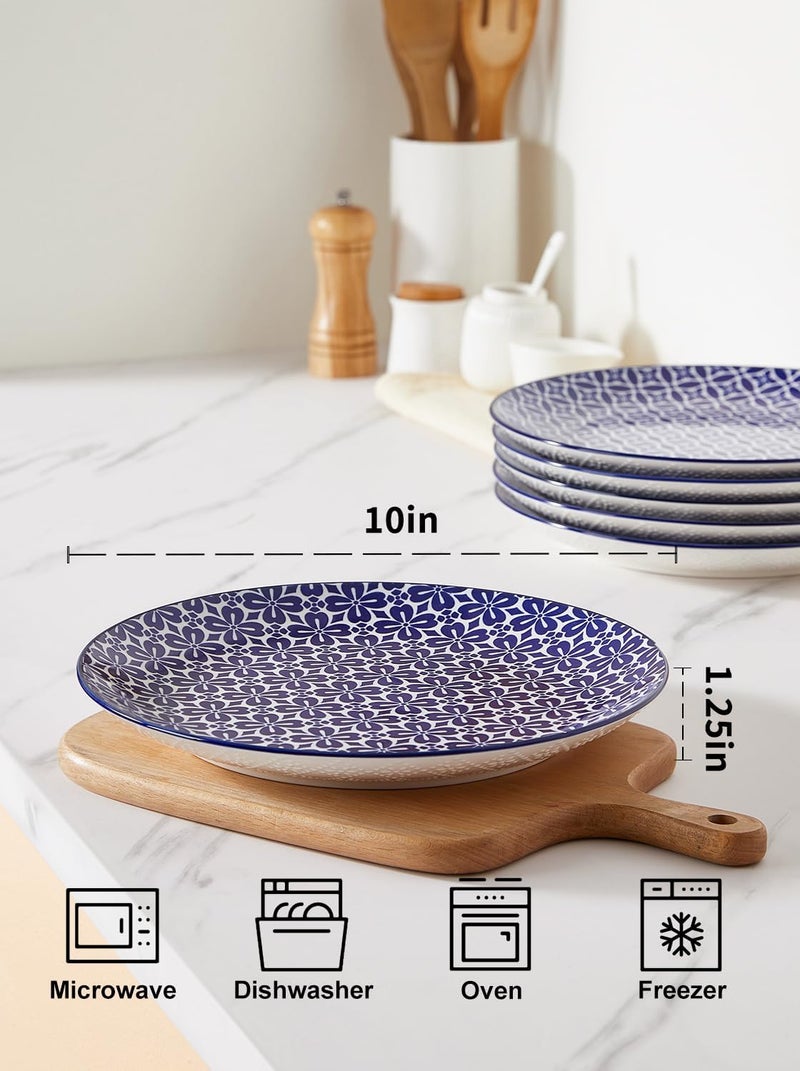Metahom 10 Ceramic Dinner Plates Blue and White Porcelain Plate Set Serving Dishes for Pasta Pancakes Steak Salad Set of 6 Dishwasher  Microwave Safe - Image 2