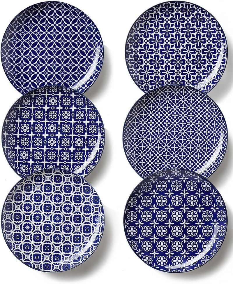 Metahom 10 Ceramic Dinner Plates Blue and White Porcelain Plate Set Serving Dishes for Pasta Pancakes Steak Salad Set of 6 Dishwasher  Microwave Safe - Image 1