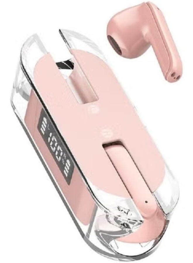 True Wireless Bluetooth Earbuds with LED Display – Transparent Pink TWS Wireless Earbuds, Sweatproof Headset Compatible with All Mobile Phones for Running & Workout