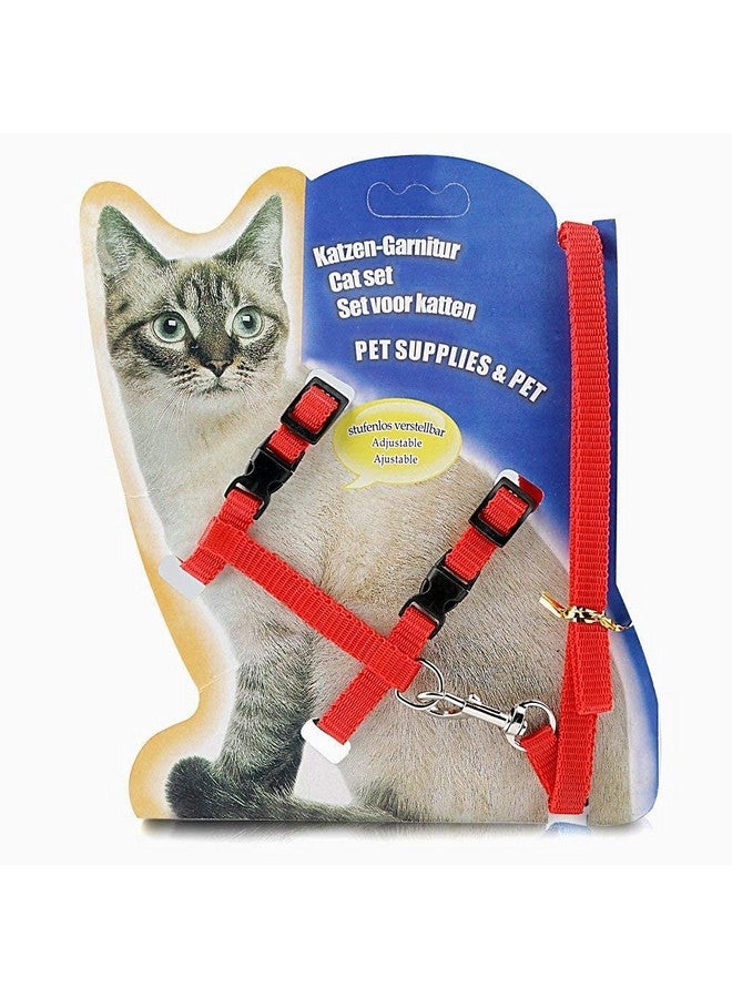 طقم حزام مقود للقطط - حزام مقود من النايلون قابل للتعديل مع مجموعة حزام للمشي مع الحيوانات الأليفة الصغيرة - سادة (أحمر) - Image 1