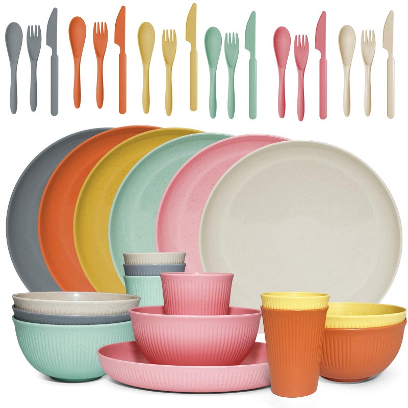 DAPIPIK 36 pcs Wheat Straw Dinnerware Sets Unbreakable Reusable Dinnerware Set ，Lightweight Camping Plates Cups and Bowls Set. Dishwasher Microwave Safe Dinnerware - Image 1