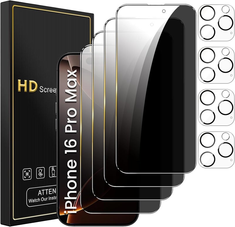 Romkasi 4 Pack Privacy Screen Protector for iPhone 16 Pro Max 6.9 Inch with 4 Pack Camera Lens Protector, Anti Spy Tempered Glass Film, Anti-Scratch, Touch Sensitive, Case Friendly - Image 1