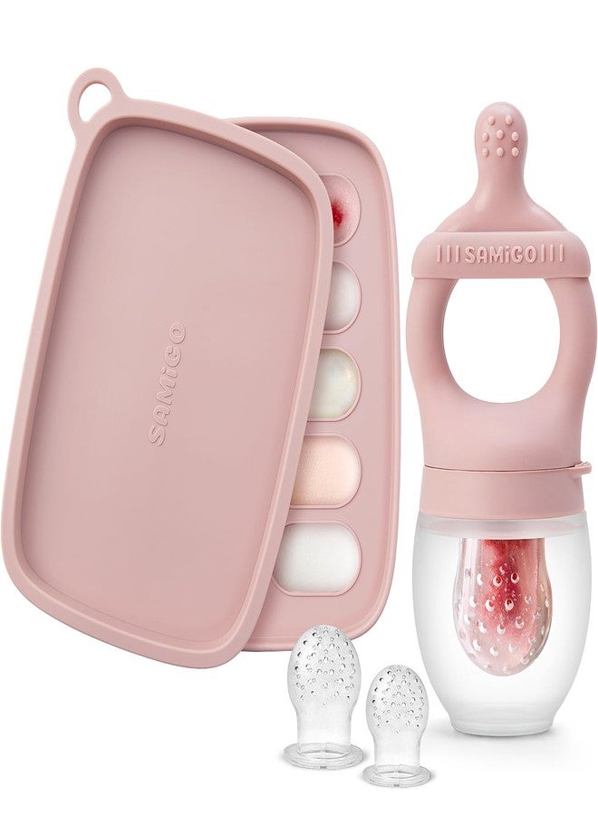 SAMiGO Baby Food Fruit Feeder and Breastmilk Popsicle Mold Set, Silicone Fruit Teether, Food Feeder Pacifier for Teething Relief, Freezer Tray, Baby Feeding Essentials, 4 Months+ - Image 1